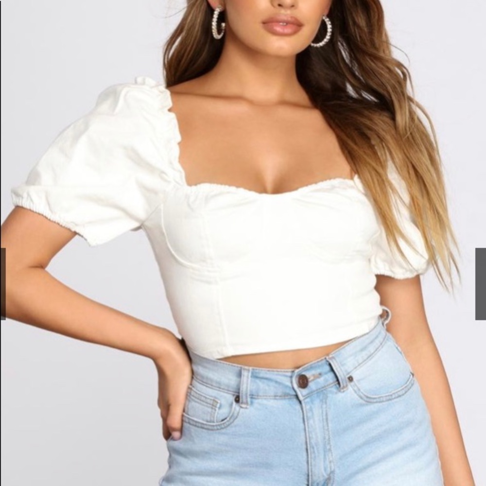 Denim puff sleeve crop top